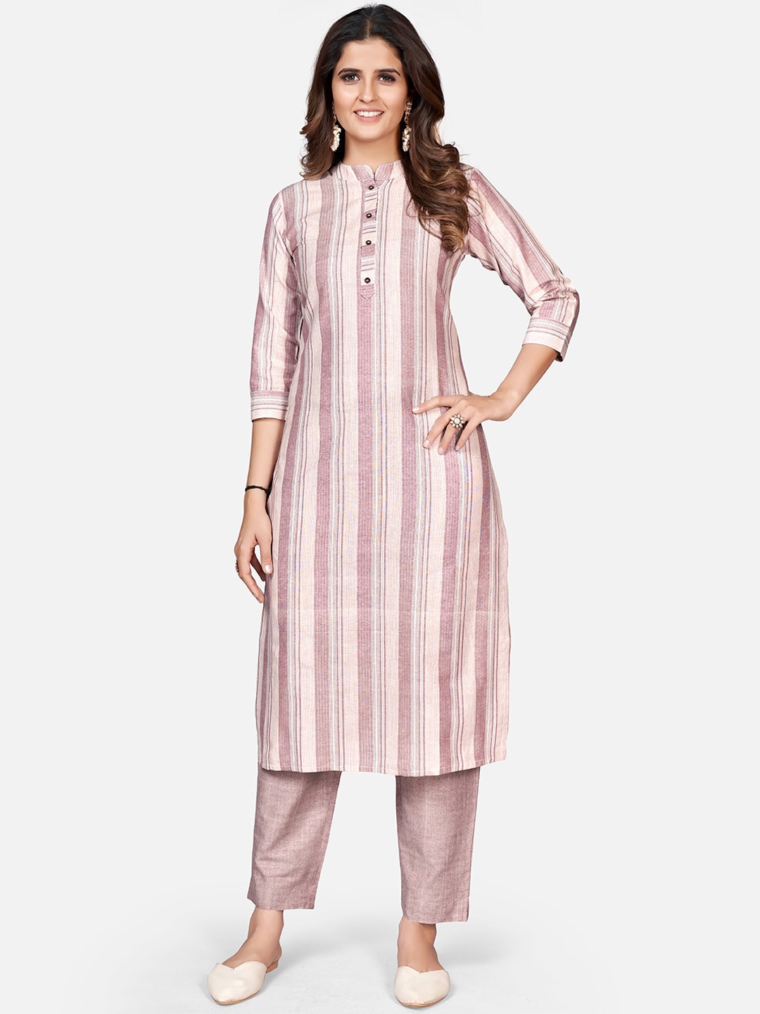 Vbuyz Women Striped Band Collar Kurta, Pink