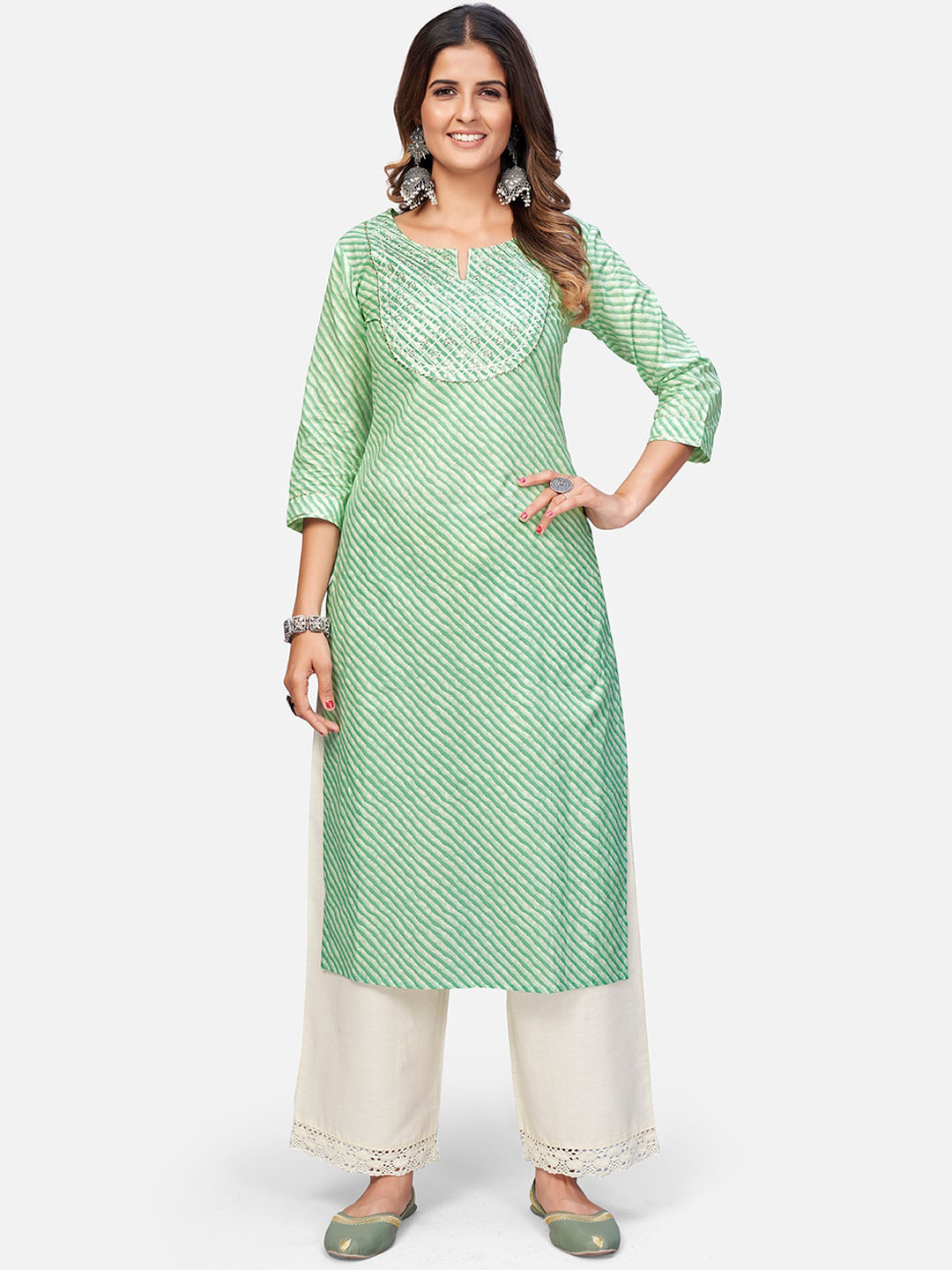 

KALINI Women Leheriya Printed Sequinned Cotton Kurta, Sea green