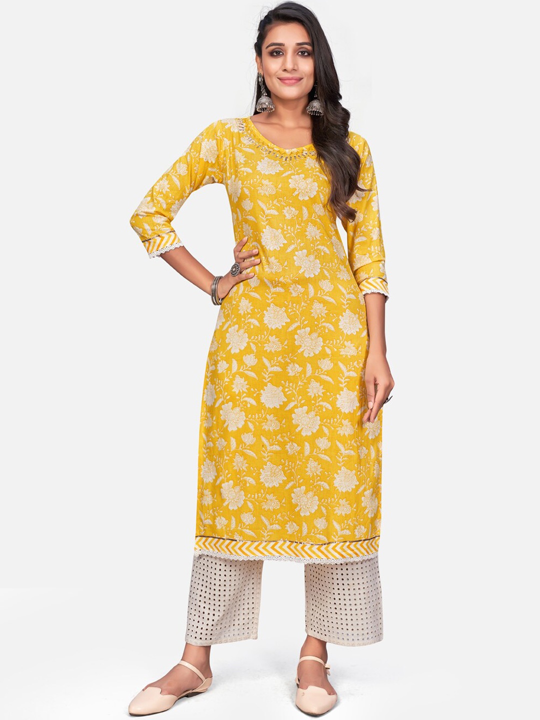 

KALINI V-Neck Floral Printed Cotton Kurta, Yellow