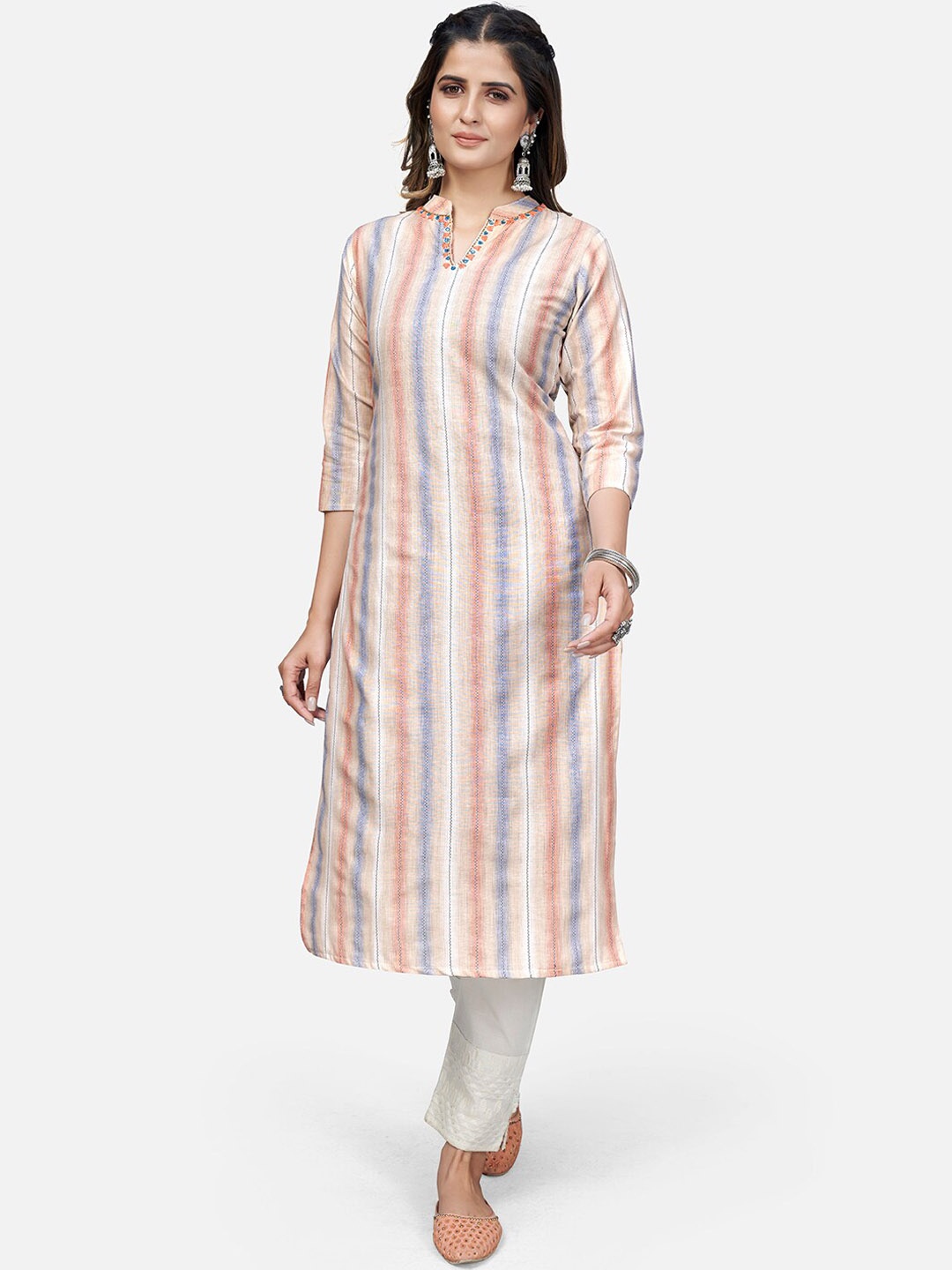 

KALINI Striped Cotton Mandarin Collar Kurta, Cream