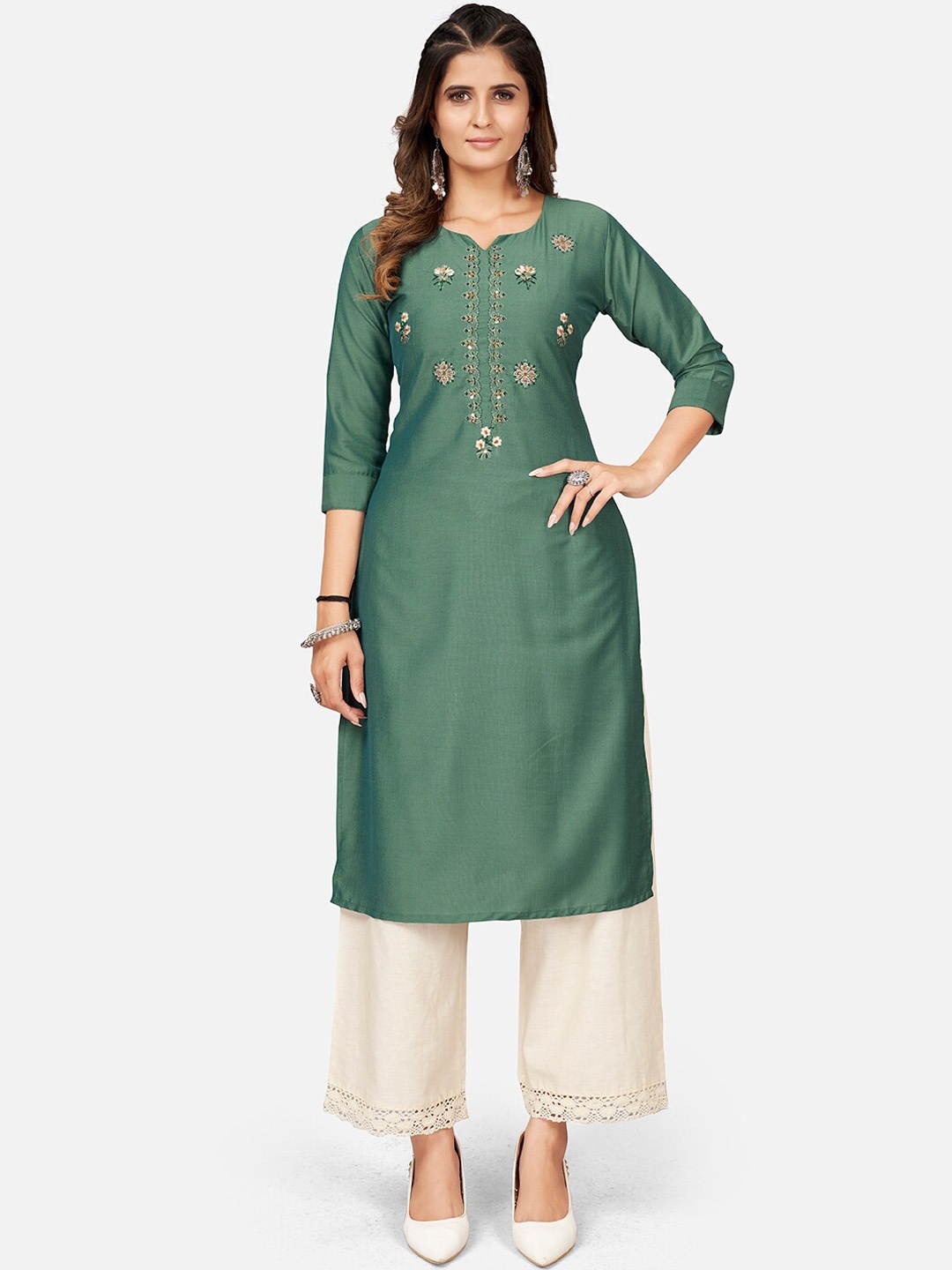 

KALINI Cotton Embroidered Thread Work Kurta, Green