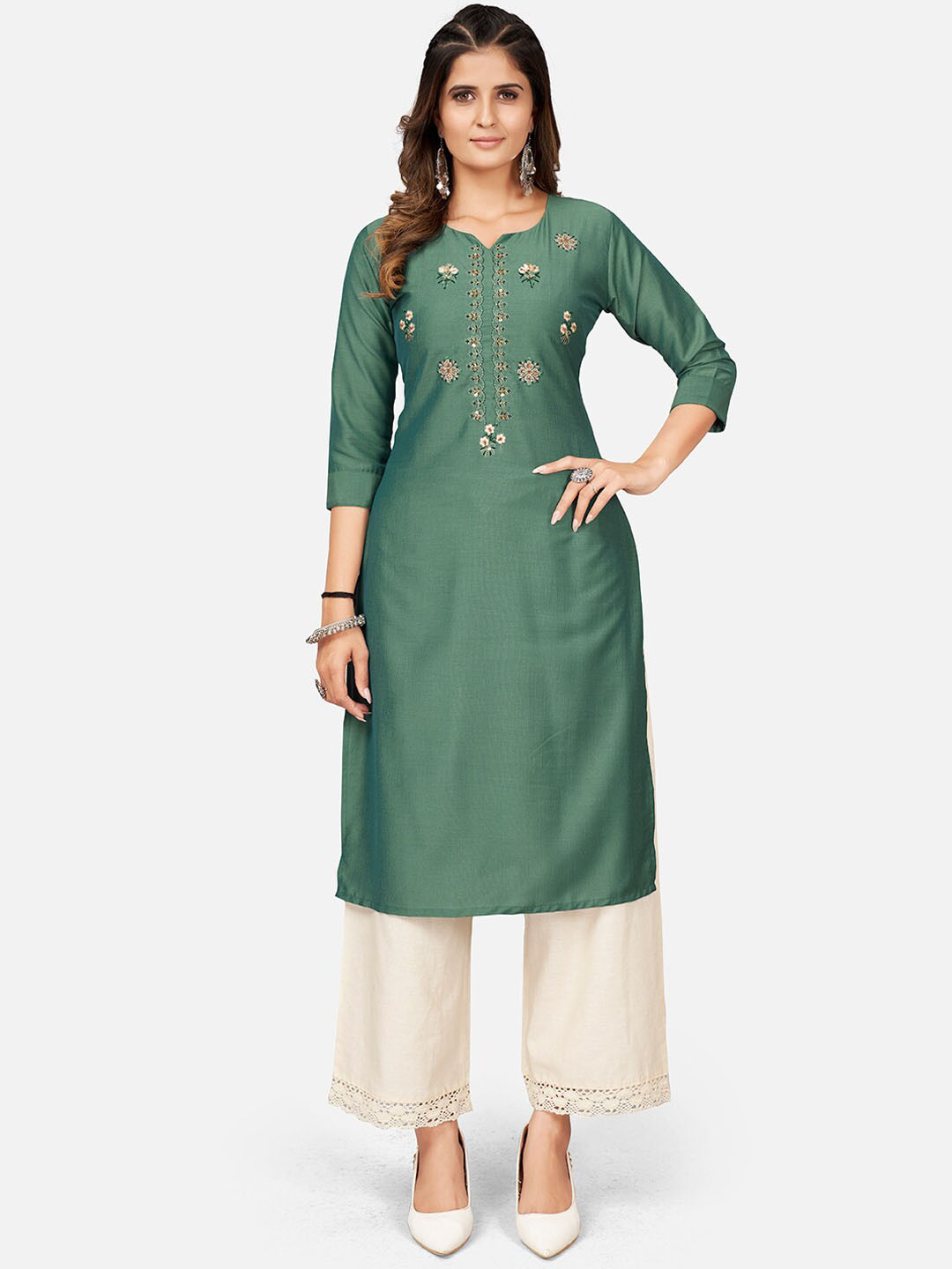 

KALINI Floral Embroidered Thread Work Kurta, Green