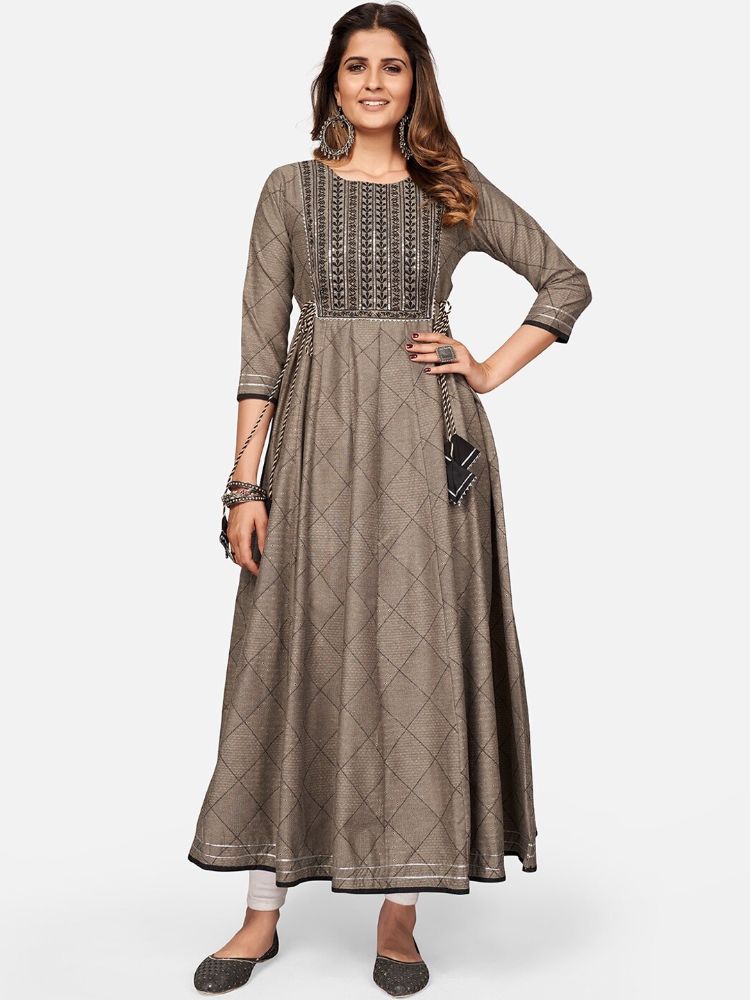 

Vbuyz Floral Embroidered Thread Work Anarkali Kurta, Brown