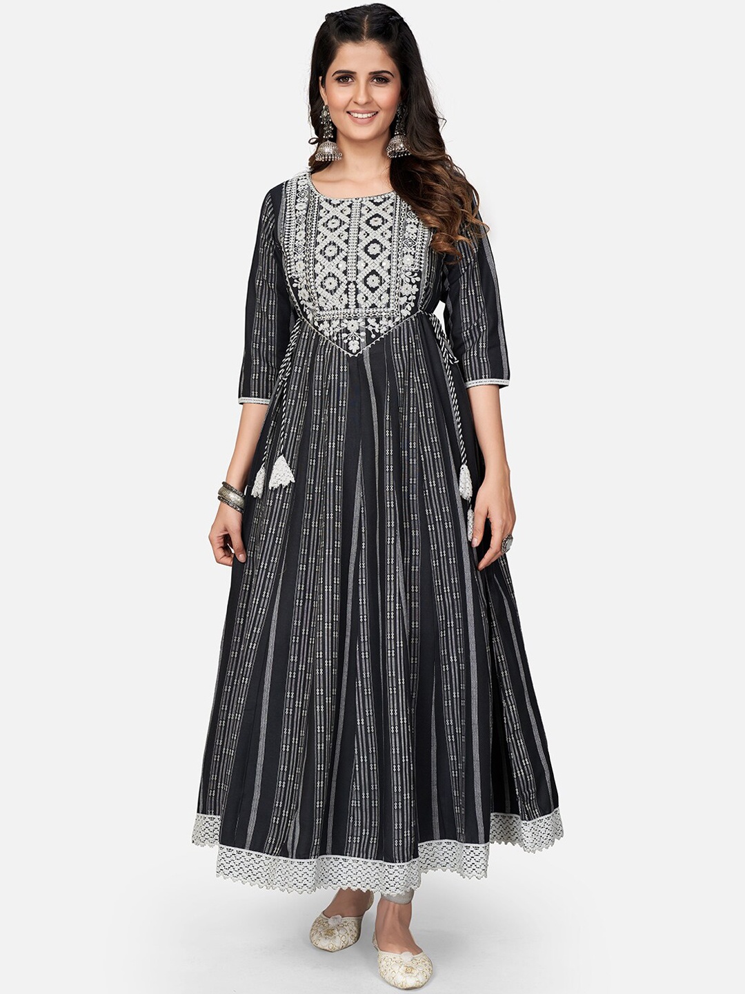 

Vbuyz Striped Thread Work Cotton Anarkali Kurta, Black