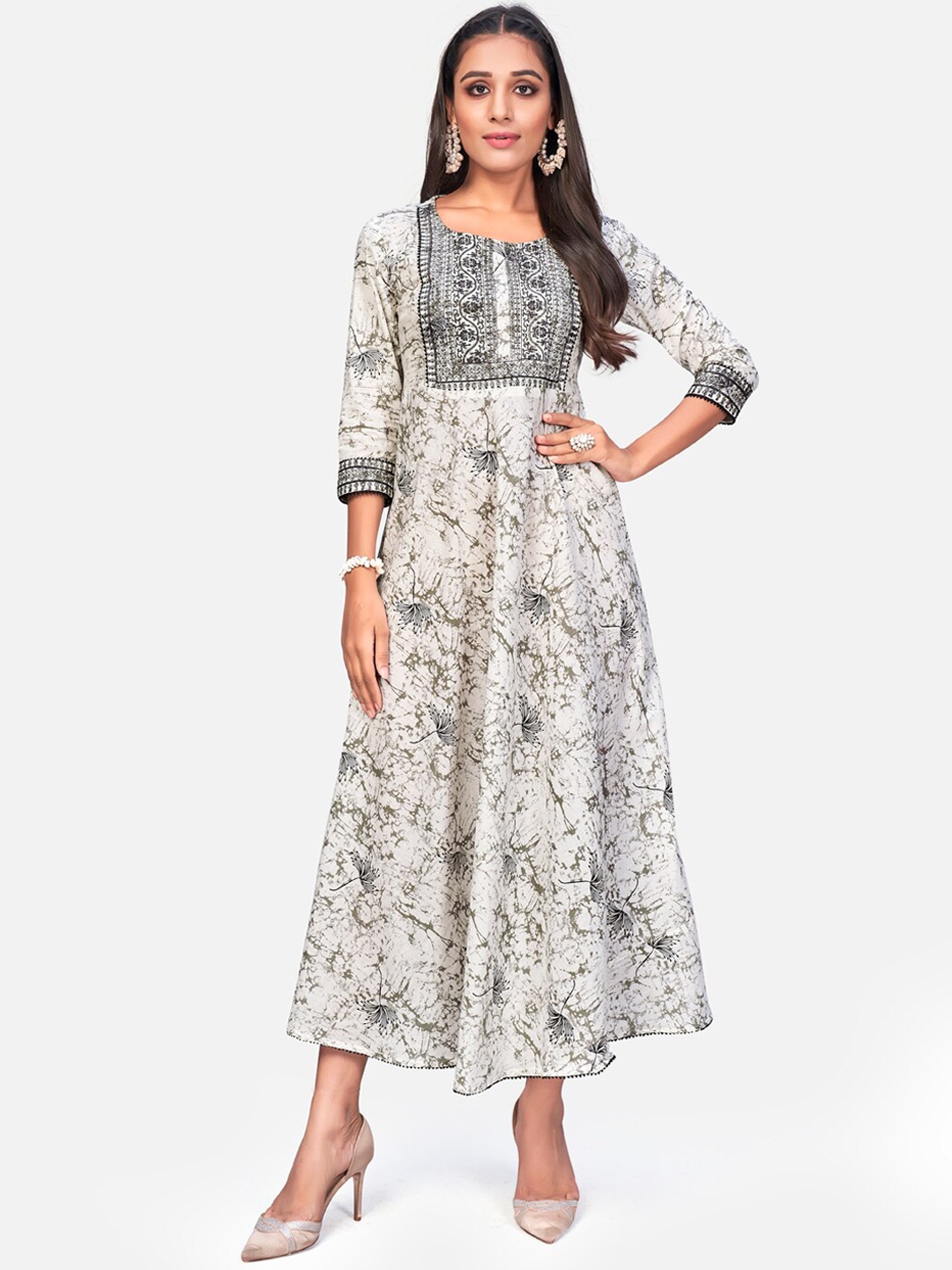 

KALINI Abstract Printed Thread Work Anarkali Kurta, Grey