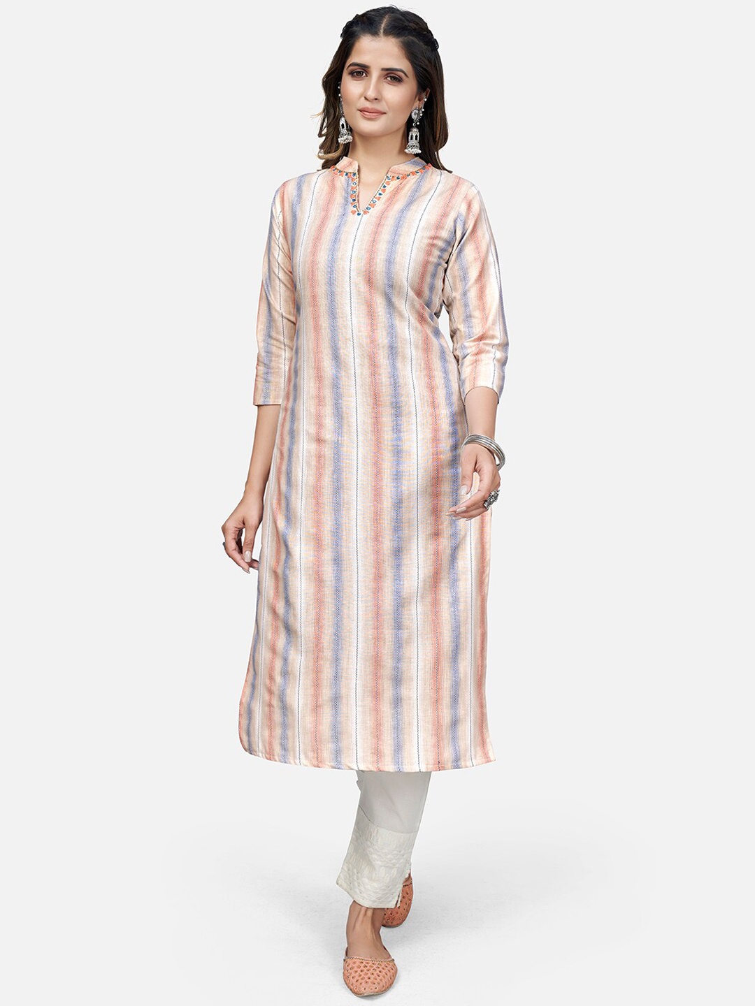 

Vbuyz Women Striped Mandarin Collar Kurta, Peach