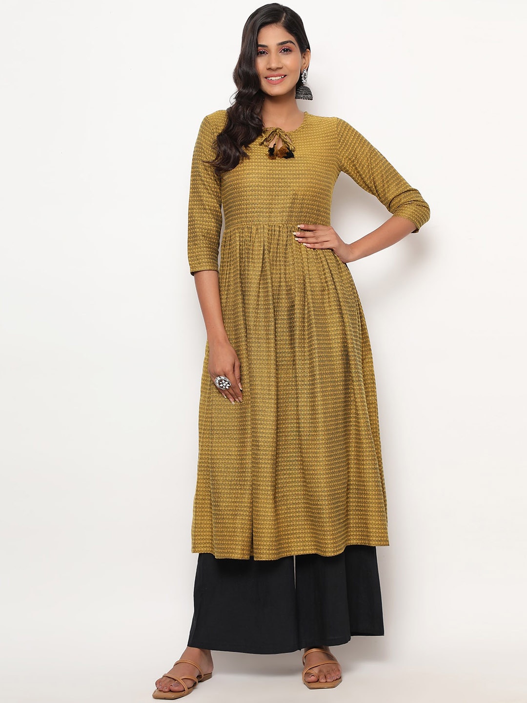

KALINI Women Geometric Woven design Cotton A-Line Kurta, Yellow