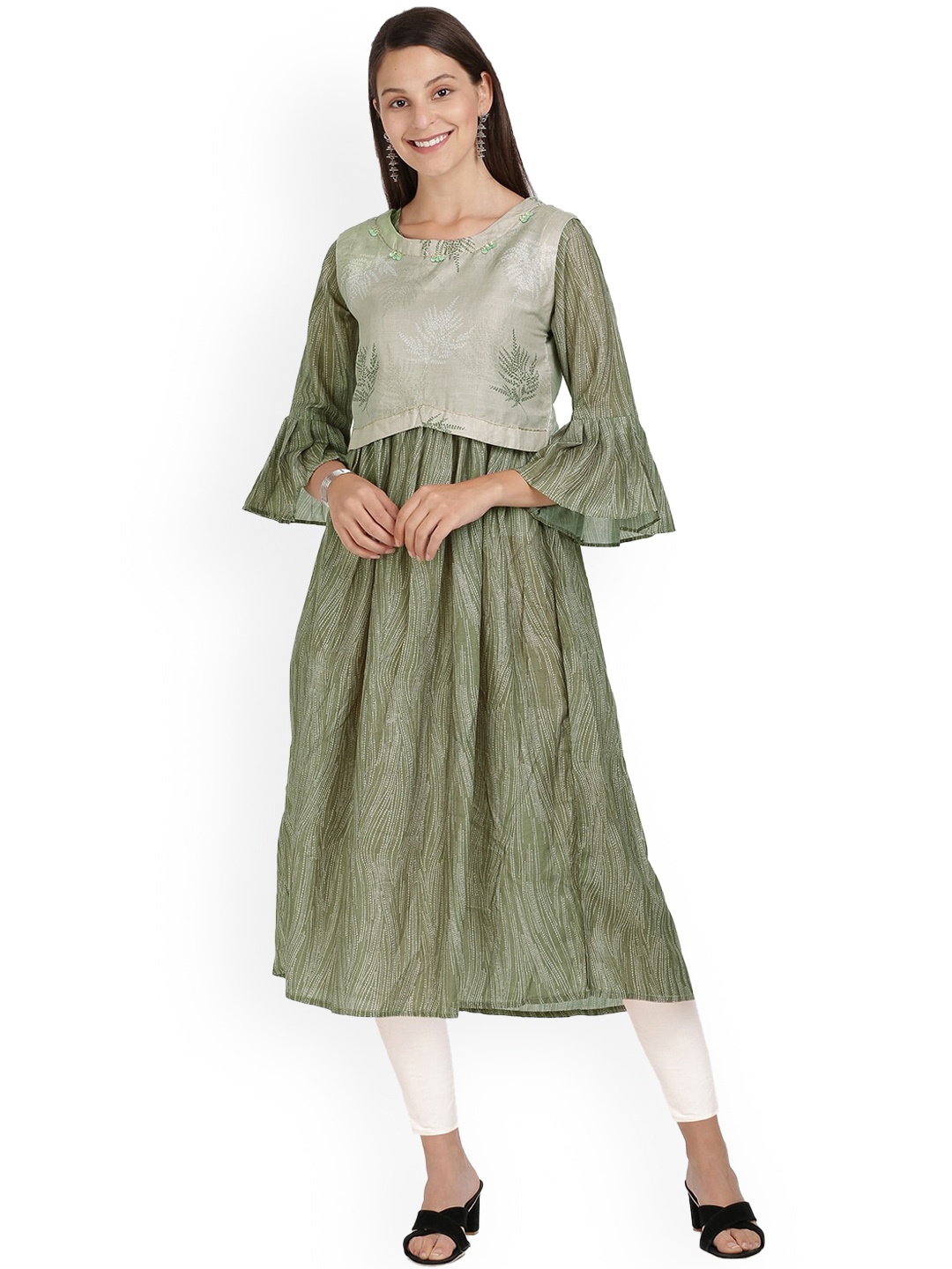 

KALINI Women Tropical Printed Flared Sleeves Anarkali Kurta, Green