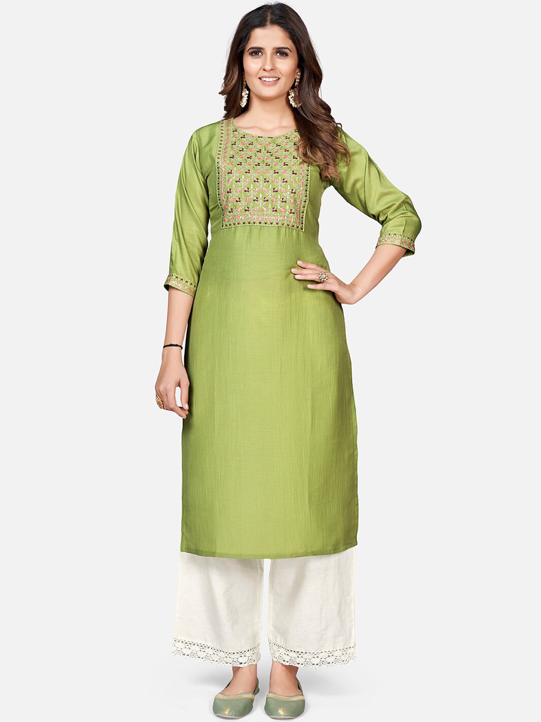 

KALINI Women Yoke Design Floral Embroidered Thread Work Kurta, Green