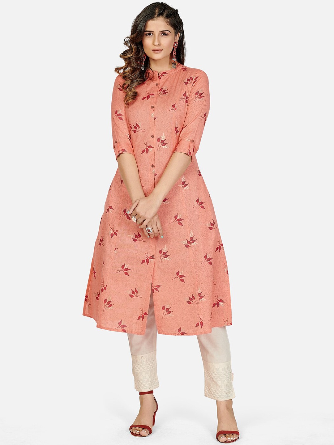 

KALINI Women Floral printed Cotton Kurta, Peach