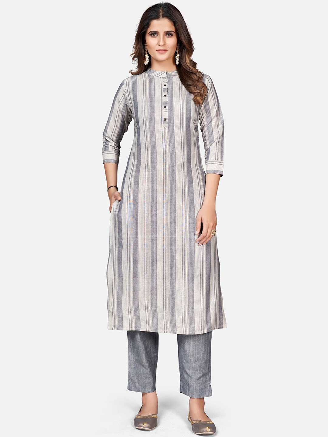 

Vbuyz Women Striped Printed Straight Kurta, Grey