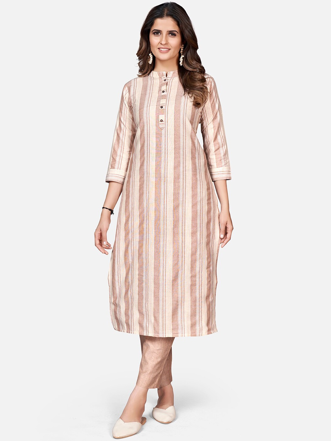 

KALINI Band Collar Striped Cotton Kurta, Brown