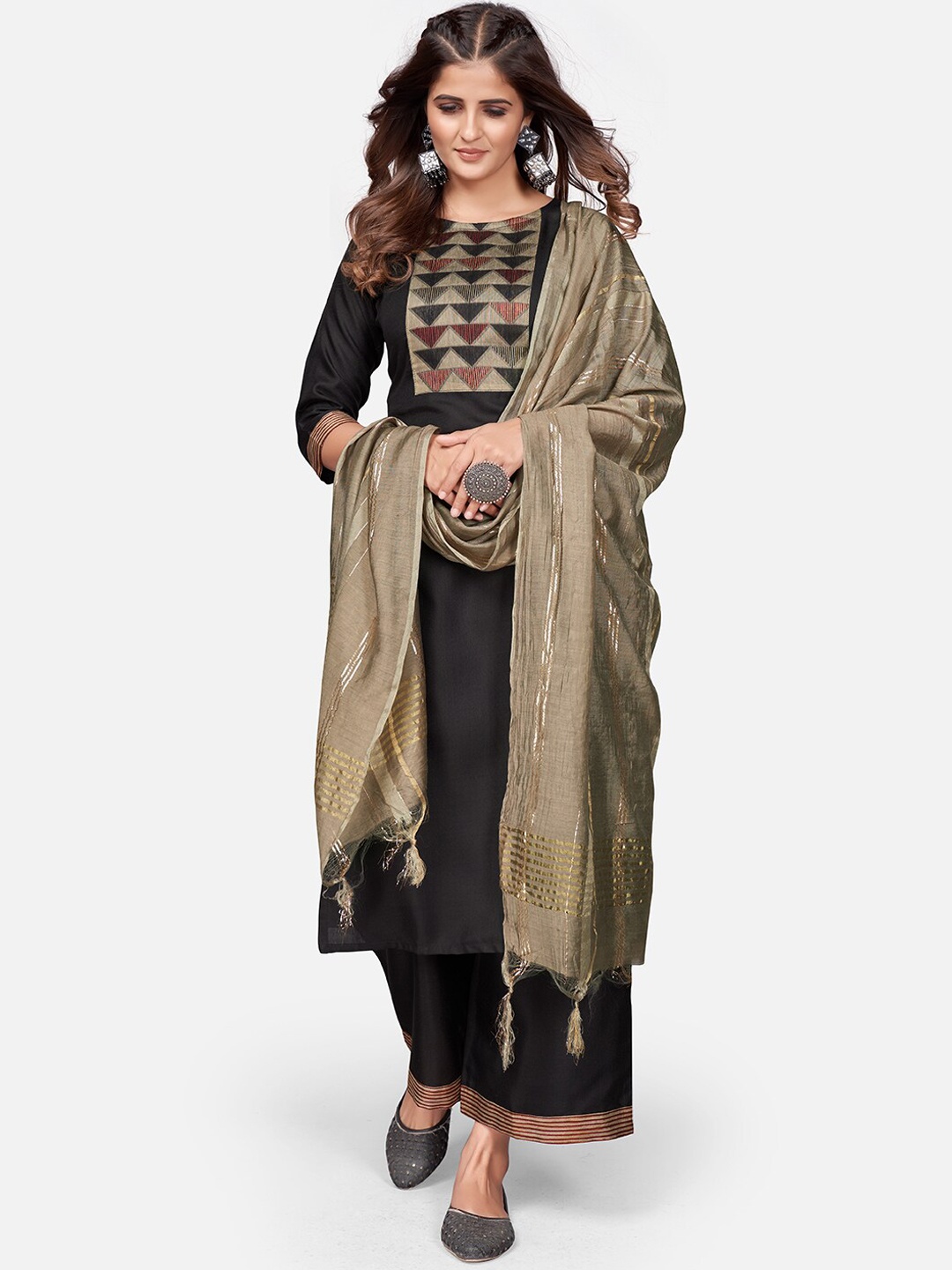 

KALINI Yoke Design Kurta With Palazzos & Dupatta, Black
