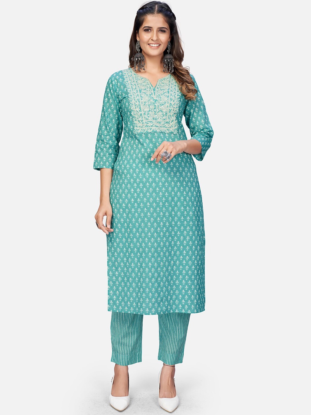 

KALINI Floral Printed Gotta Patti Pure Cotton Kurta with Trousers, Turquoise blue