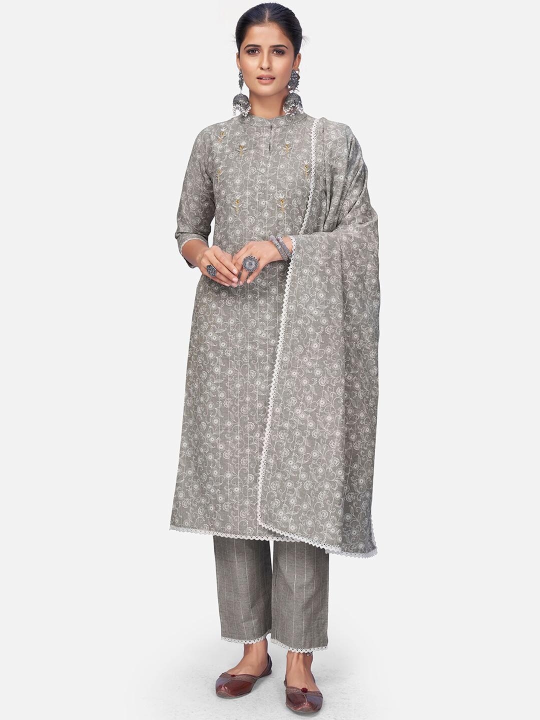 

Vbuyz Floral Printed Band Collar Thread Work Kurta with Trousers & Dupatta, Grey