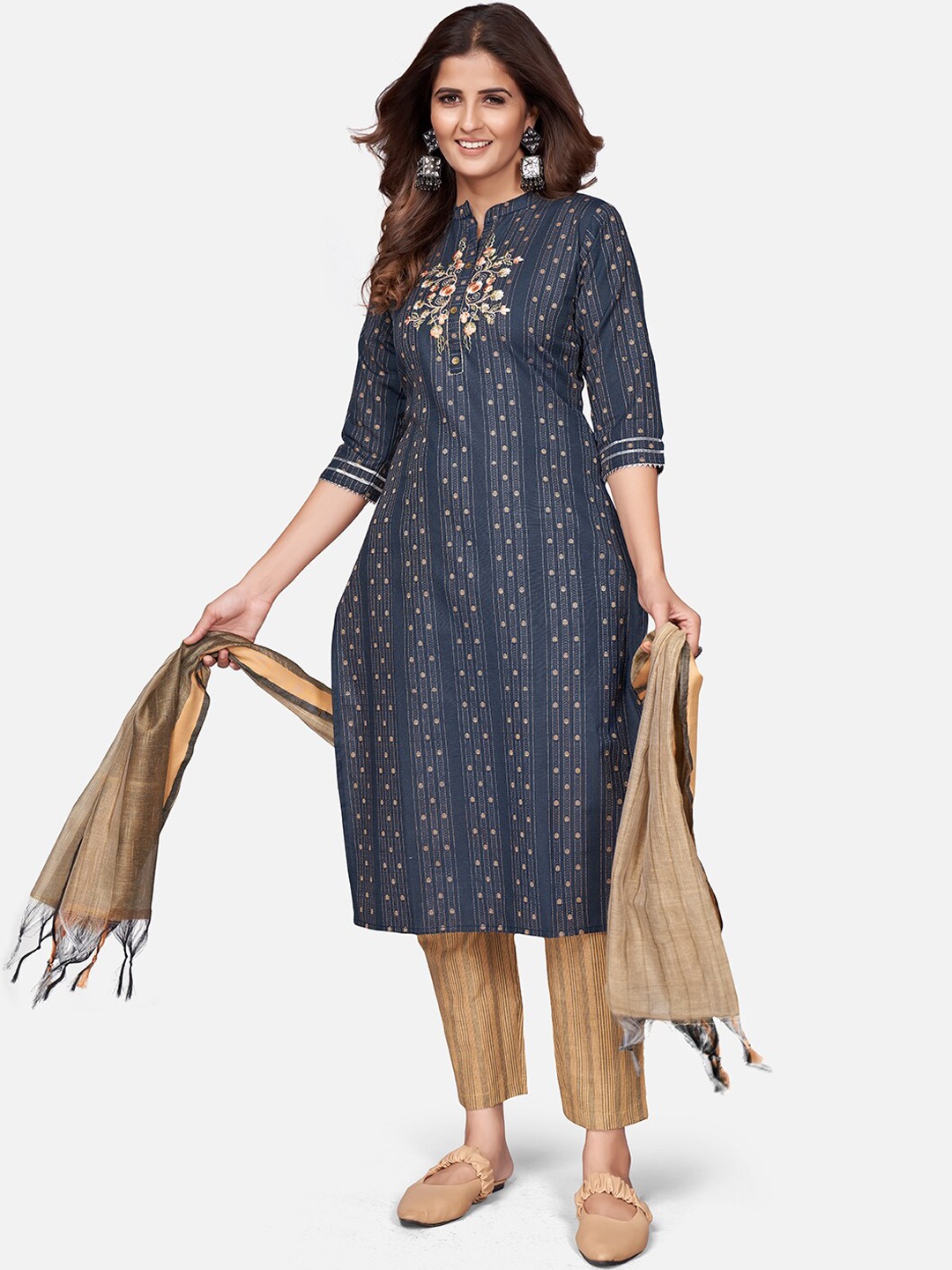 

KALINI Striped Printed Thread Work Kurta With Trousers & Dupatta, Navy blue