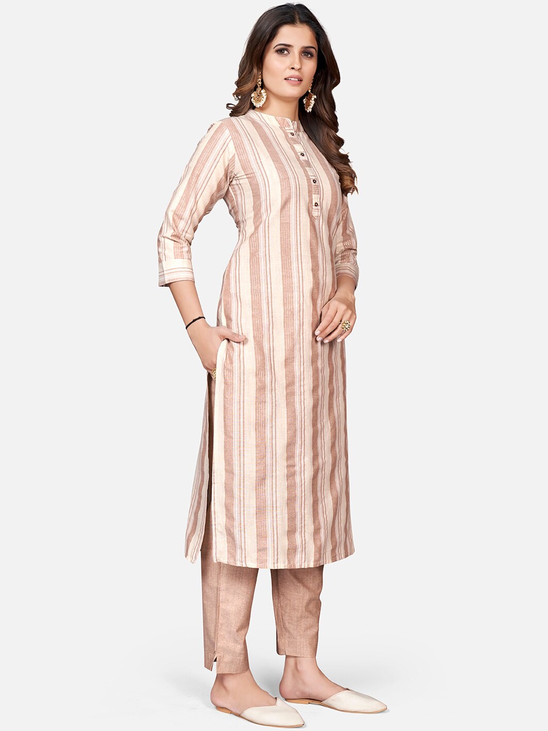 

KALINI Striped Woven Design Kurta With Trousers, Beige