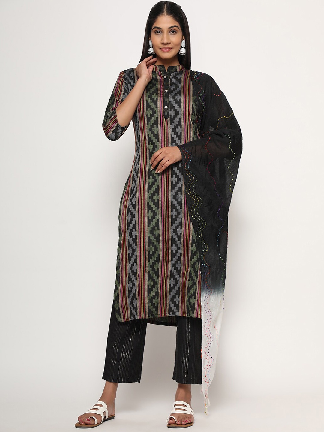 

Vbuyz Striped Ethnic Motifs Kurta With Trousers & Dupatta, Black