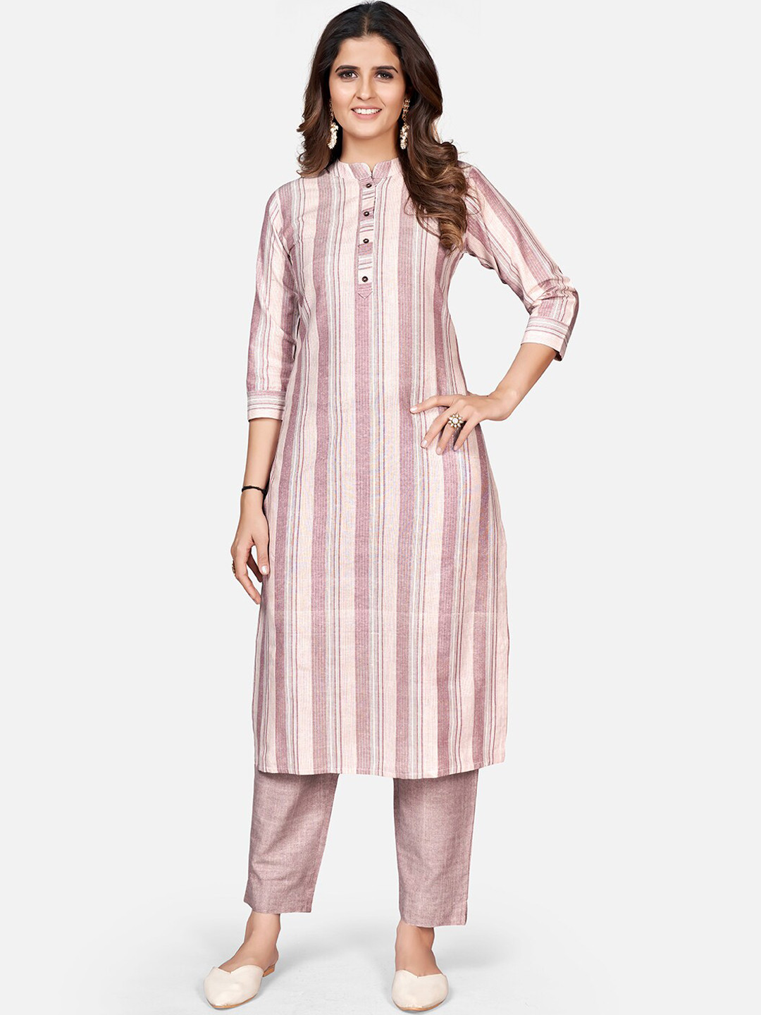 

Vbuyz Women Striped Kurta With Trousers, Beige