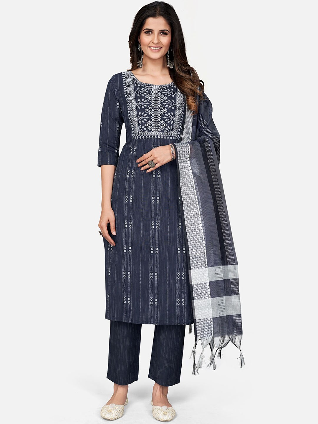 

Vbuyz Women Yoke Design Thread Work Kurta With Trousers & Dupatta, Navy blue