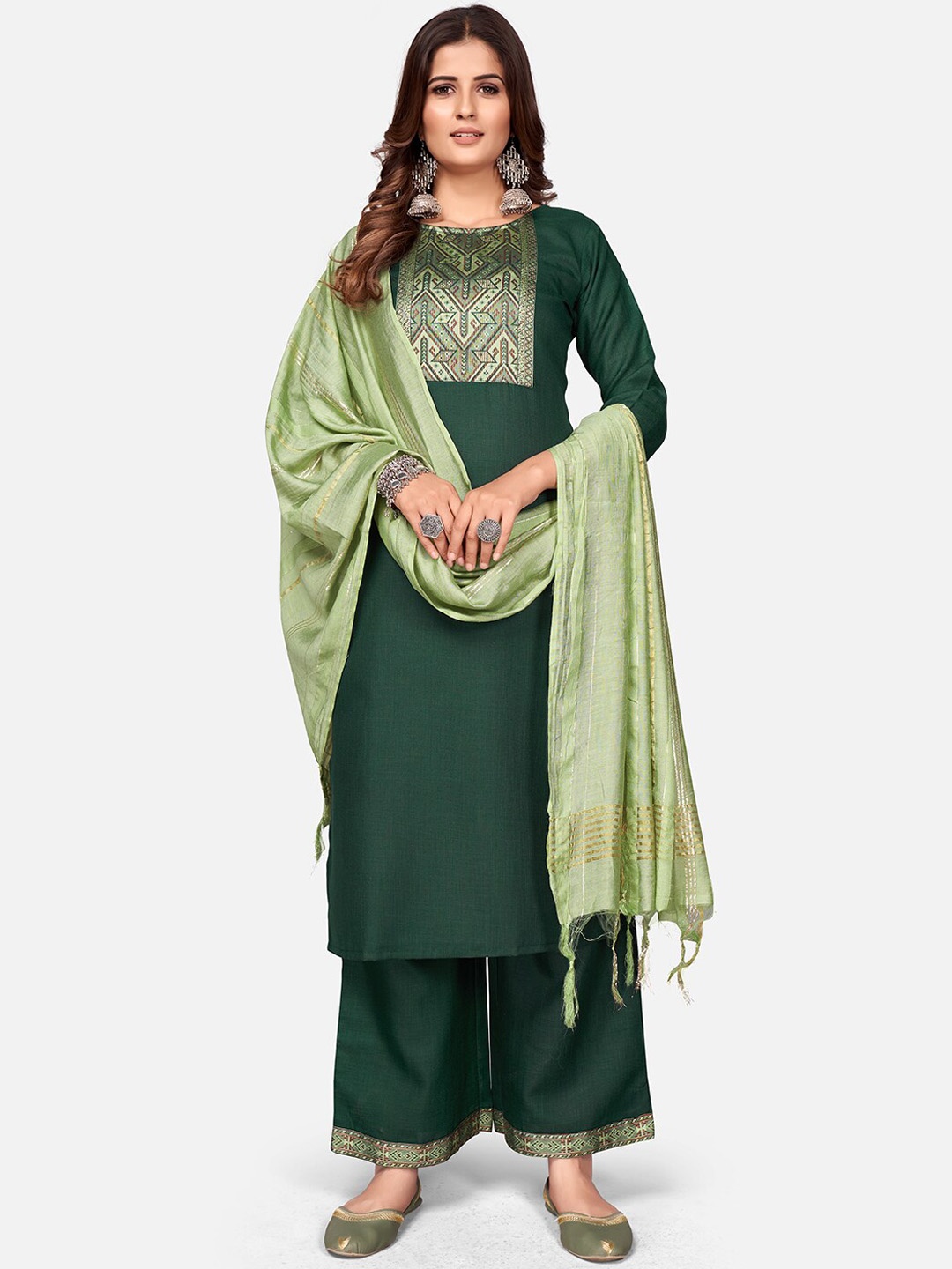 

Vbuyz Woven Design Yoke Design Kurta With Trousers & Dupatta, Green
