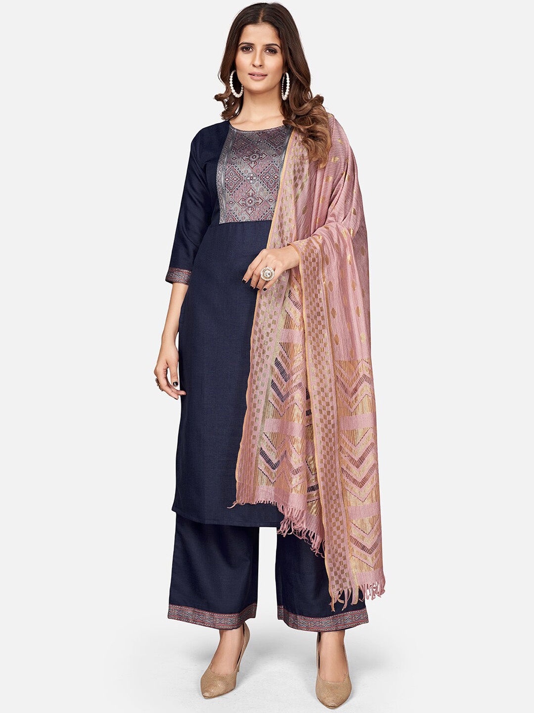 

Vbuyz Women Ethnic Motifs Yoke Design Kurta with Trousers & Dupatta, Navy blue