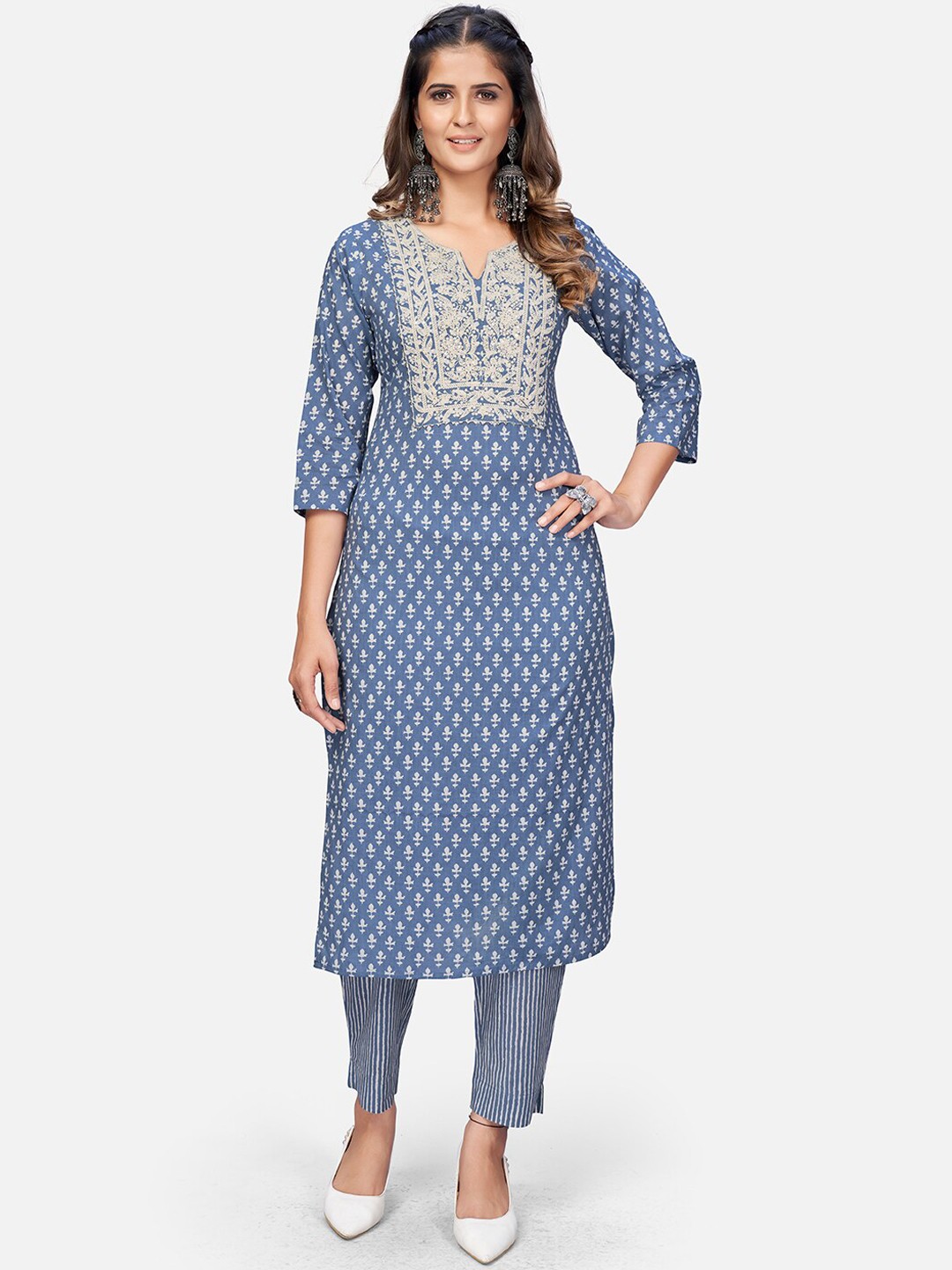 

KALINI Ethnic Motifs Embroidered Thread Work Pure Cotton Straight Kurta with Trousers, Blue