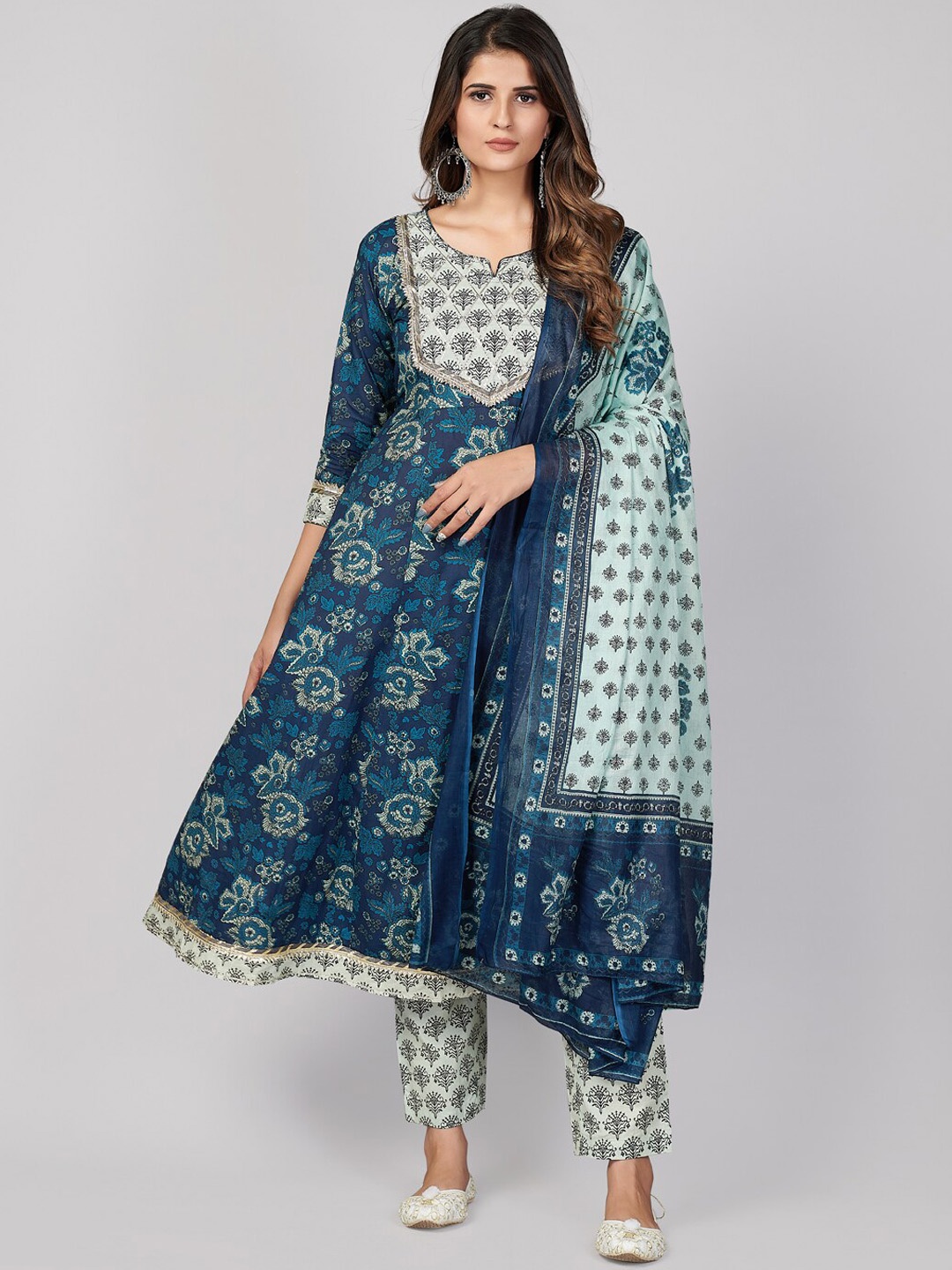 

KALINI Floral Printed Gotta Patti Pure Cotton Kurta With Trousers & Dupatta, Blue