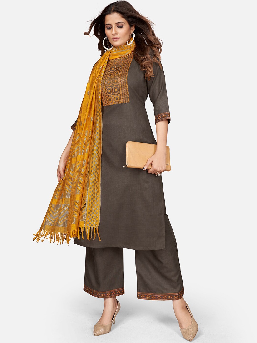 

Vbuyz Yoke Design Kurta with Trousers & With Dupatta, Grey