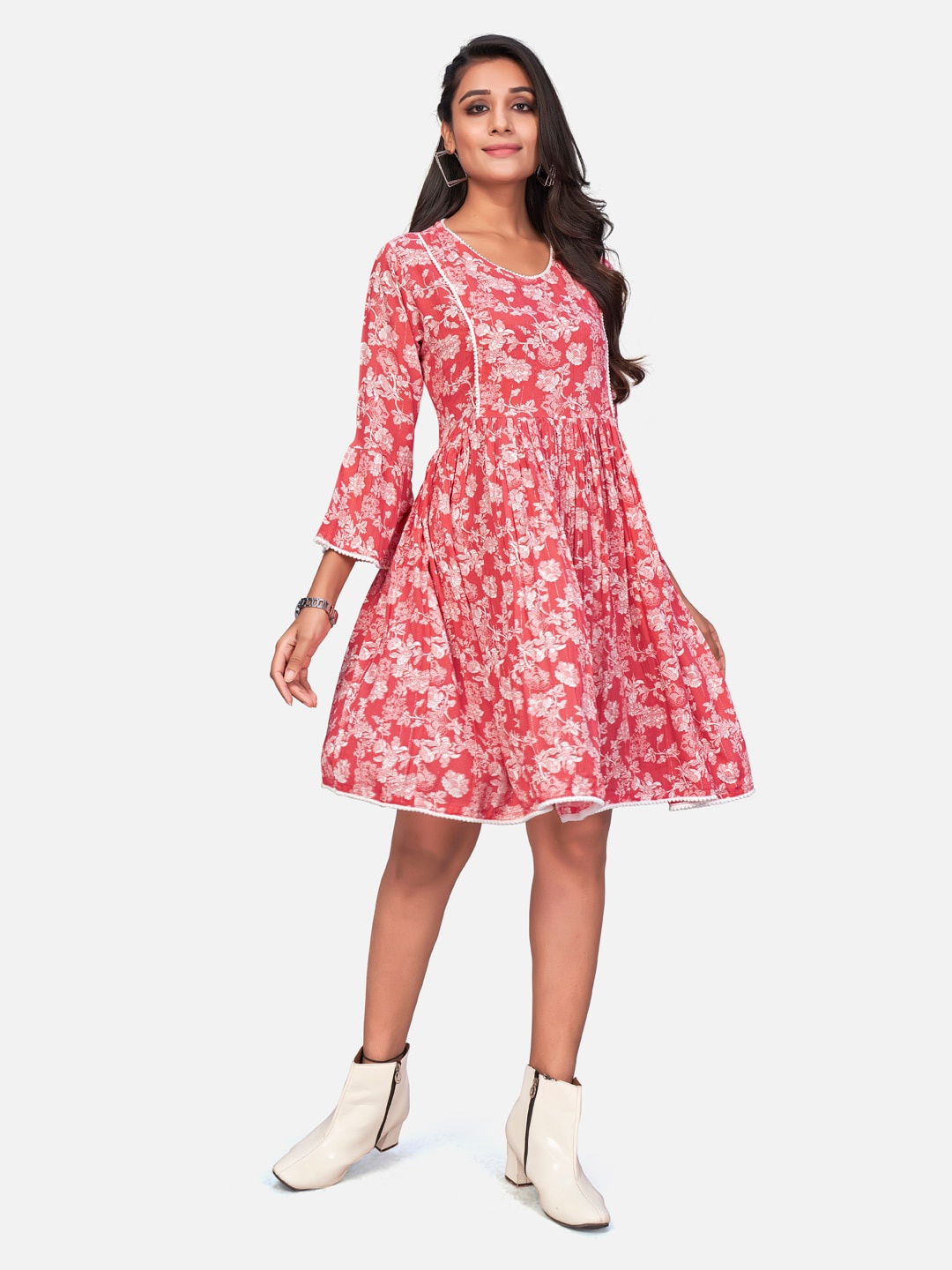Vbuyz Floral Print Georgette Fit & Flare Dress, Pink