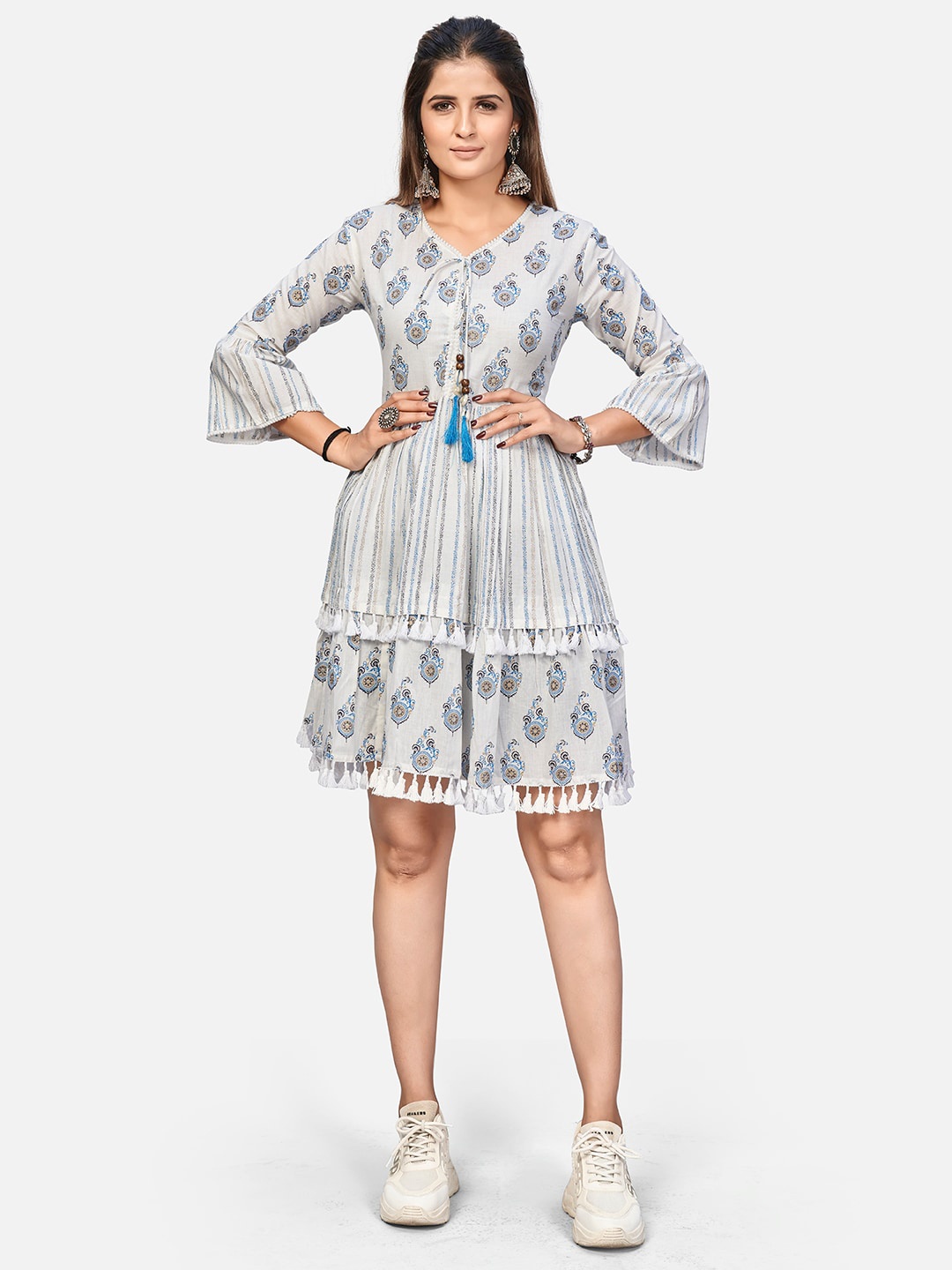 

KALINI Ethnic Printed Bell Sleeves Tie-Up Detail Tiered Cotton A-Line Dress, White