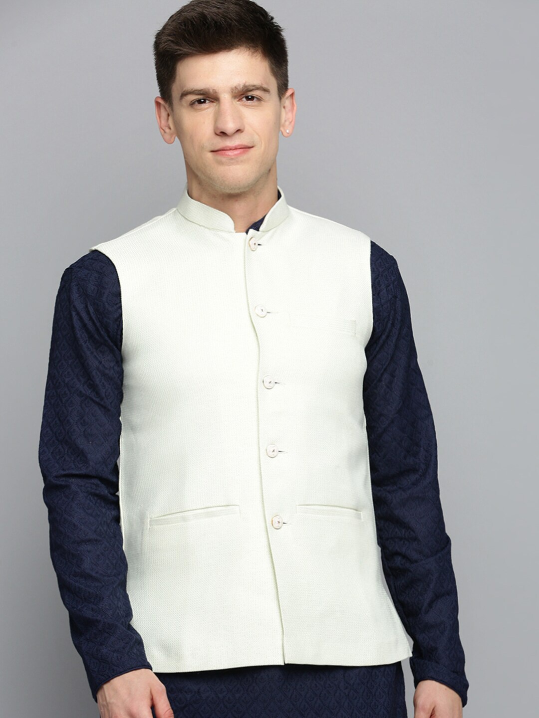 

SHOWOFF Woven Design Nehru Jacket, Cream