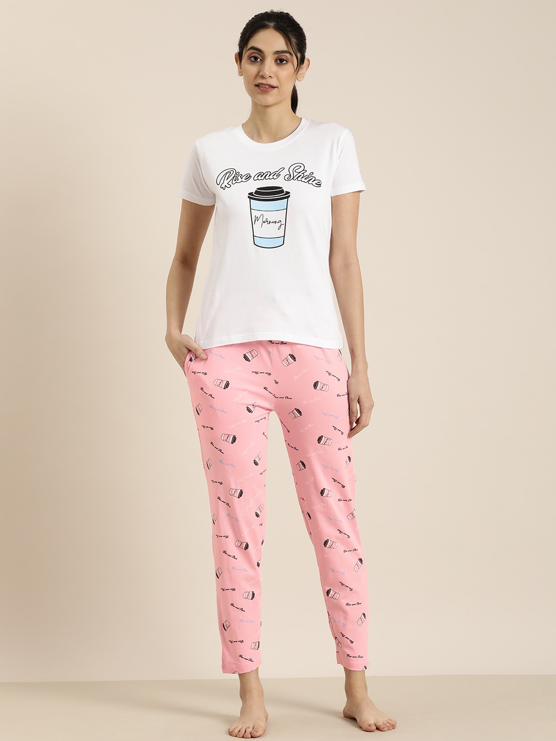 

DILLINGER Women Pure Cotton Graphic Printed Night suit, White