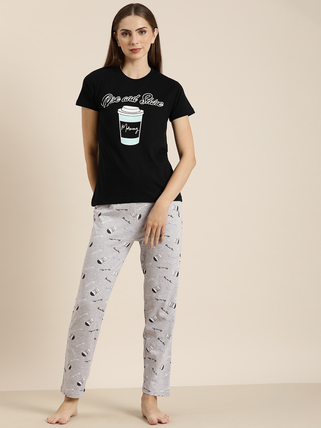 

DILLINGER Women Pure Cotton Graphic Printed Night suit, Black