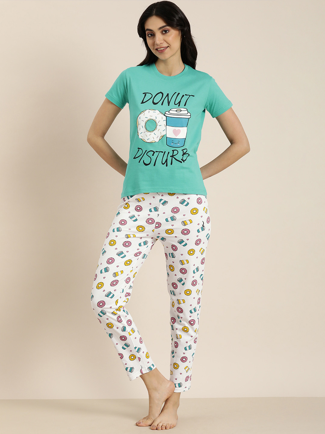 

DILLINGER Women Pure Cotton Graphic Printed Night suit, Turquoise blue