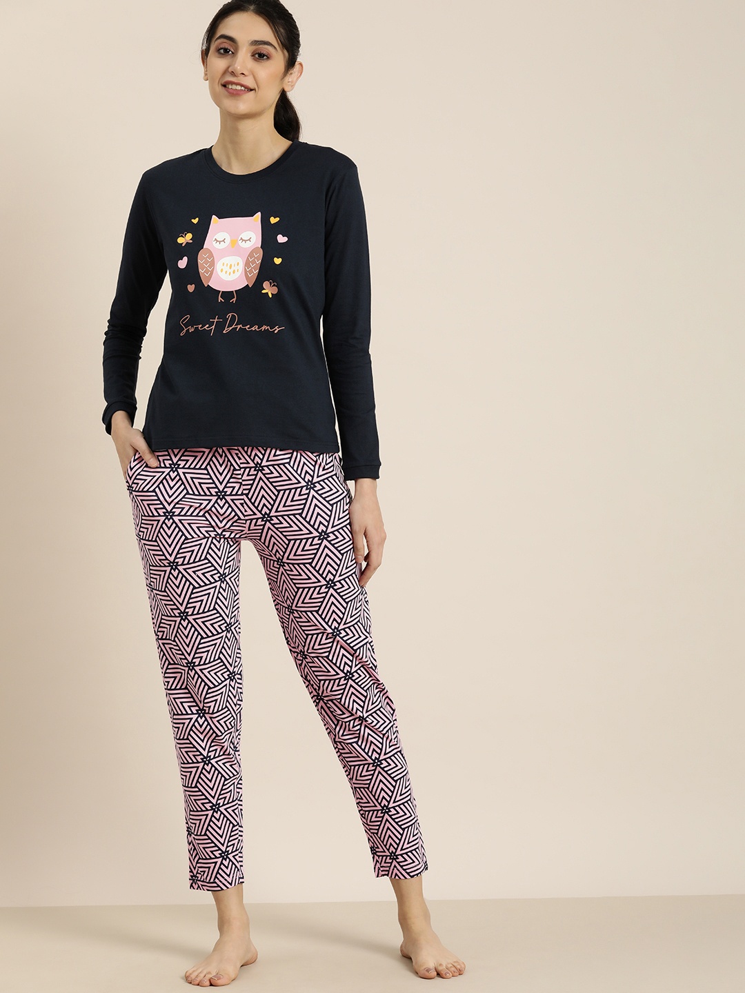 

DILLINGER Women Printed Pure Cotton Night Suit, Navy blue