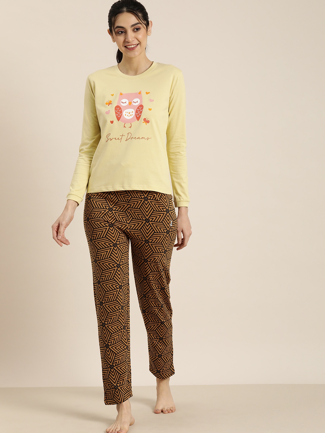 

DILLINGER Women Pure Cotton Graphic Printed Night suit, Yellow