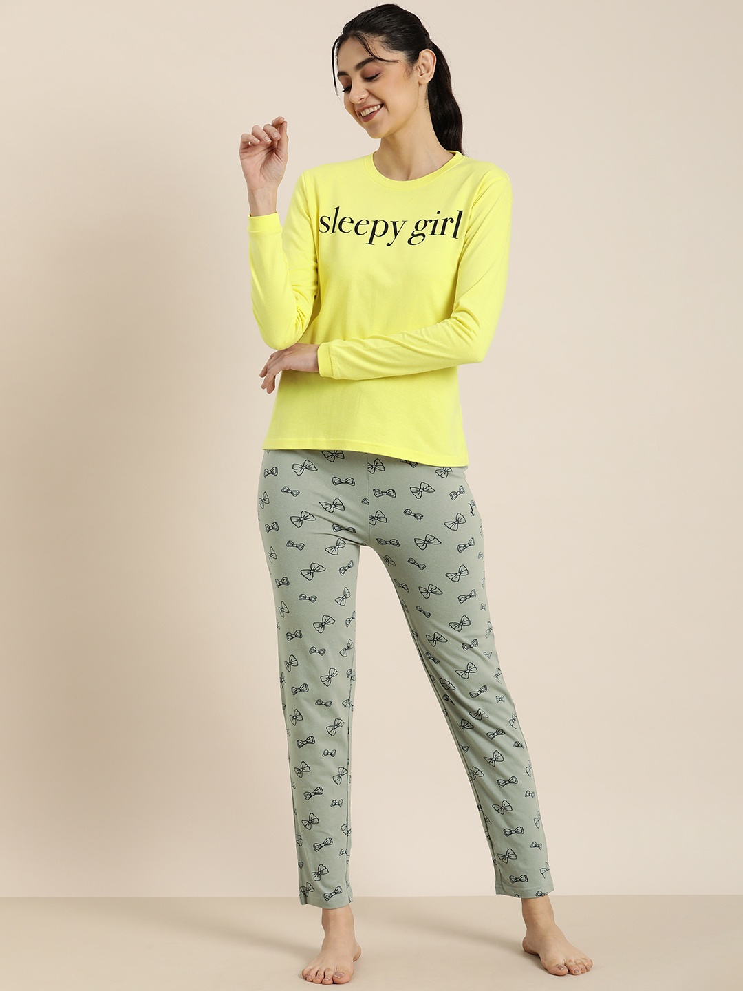 

DILLINGER Women Pure Cotton Typography Printed Night suit, Yellow