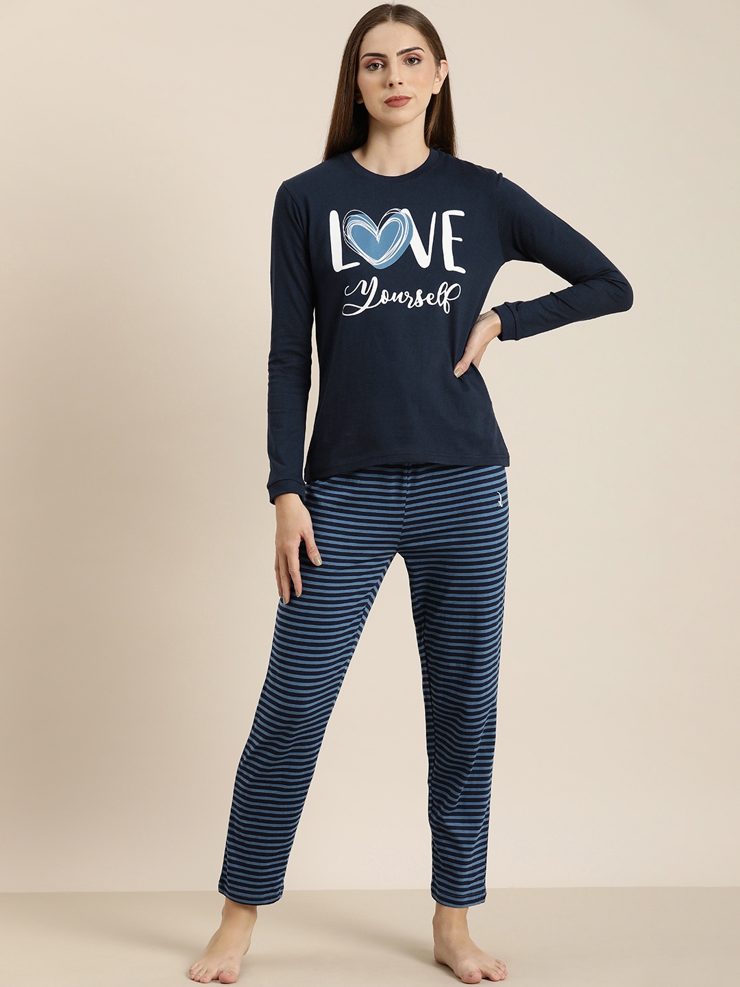 

DILLINGER Women Printed Pure Cotton Night Suit, Navy blue