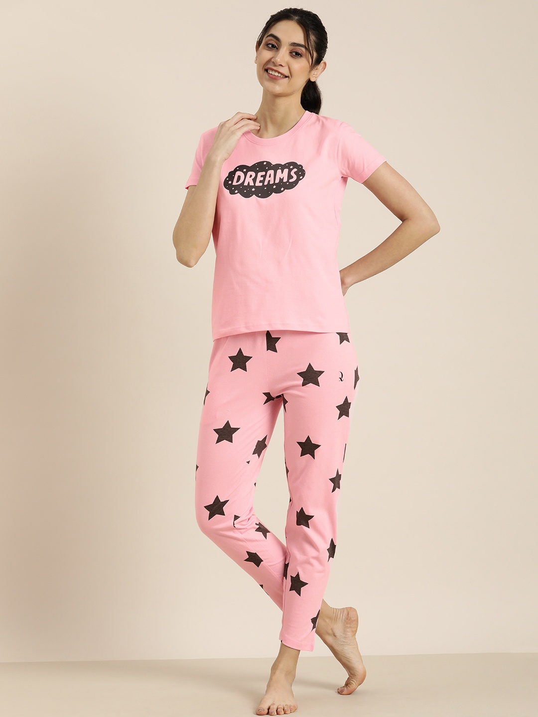

DILLINGER Women Pure Cotton Graphic Printed Night suit, Pink