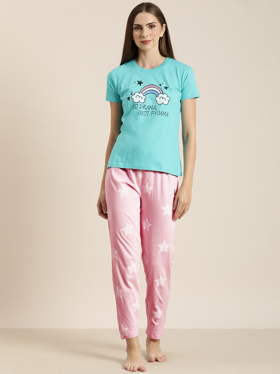 

DILLINGER Women Pure Cotton Graphic Printed Night suit, Turquoise blue