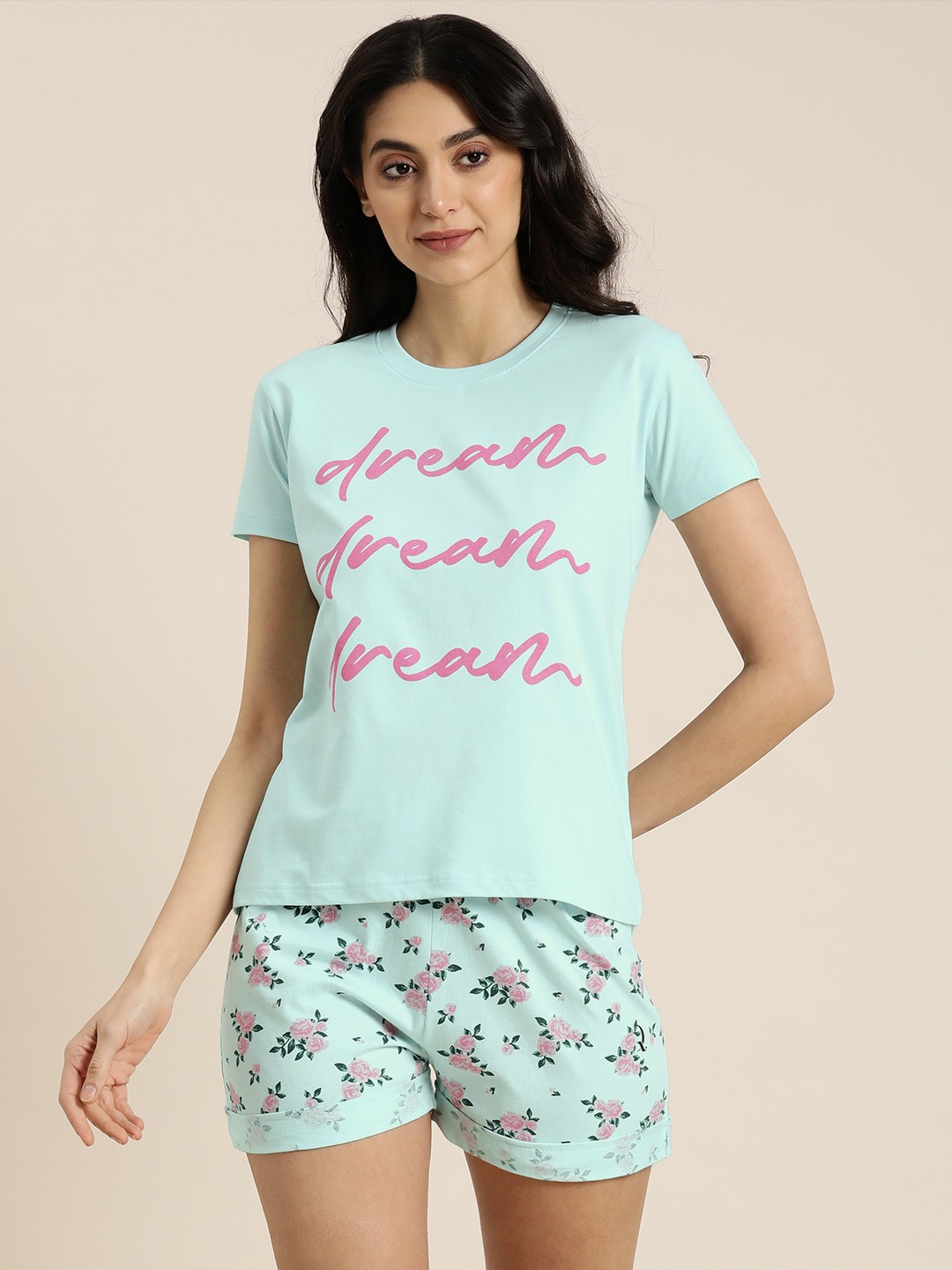 

DILLINGER Women Pure Cotton Typography Printed Night suit, Blue