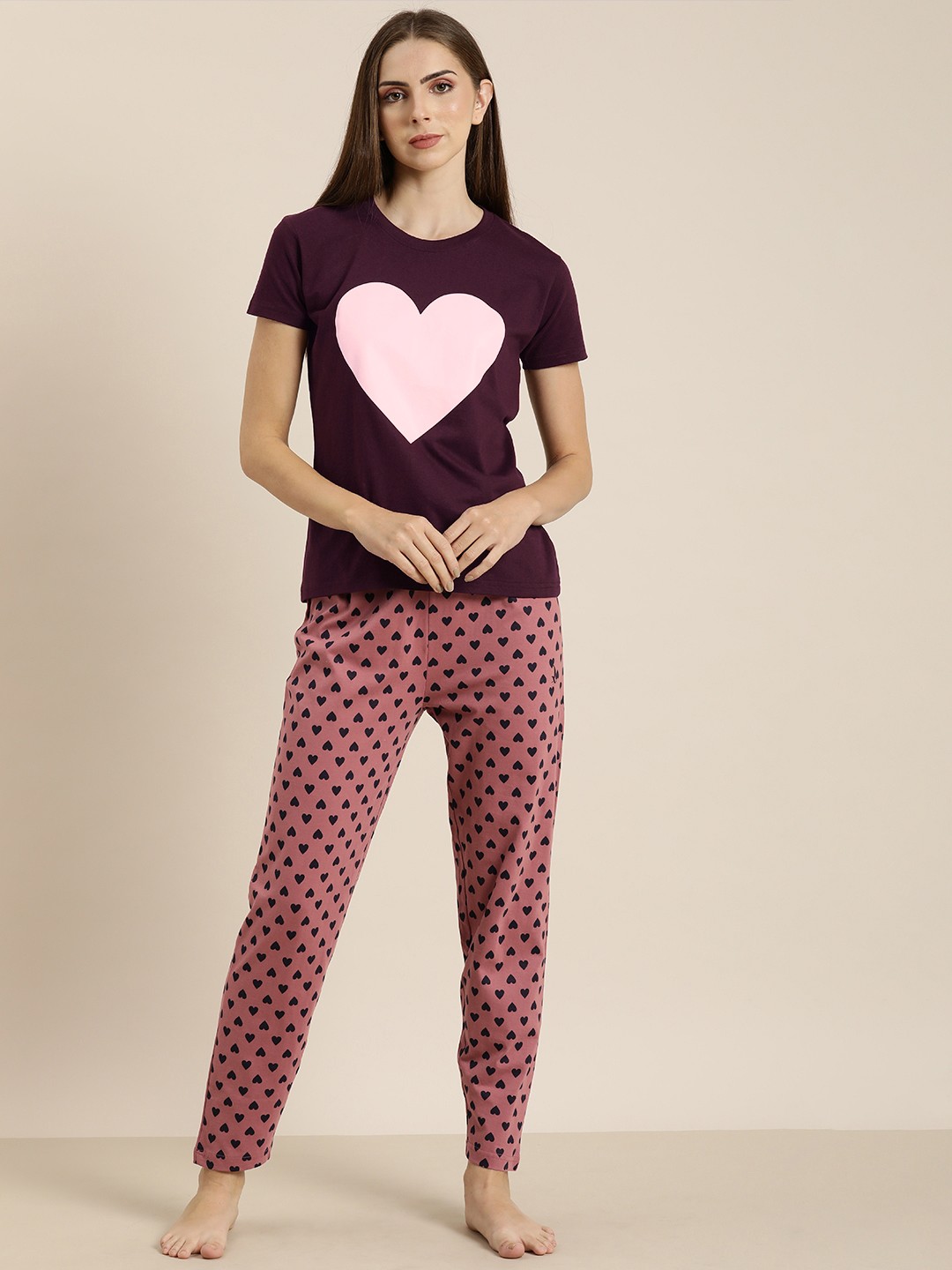 

DILLINGER Women Pure Cotton Conversational Printed Night suit, Burgundy