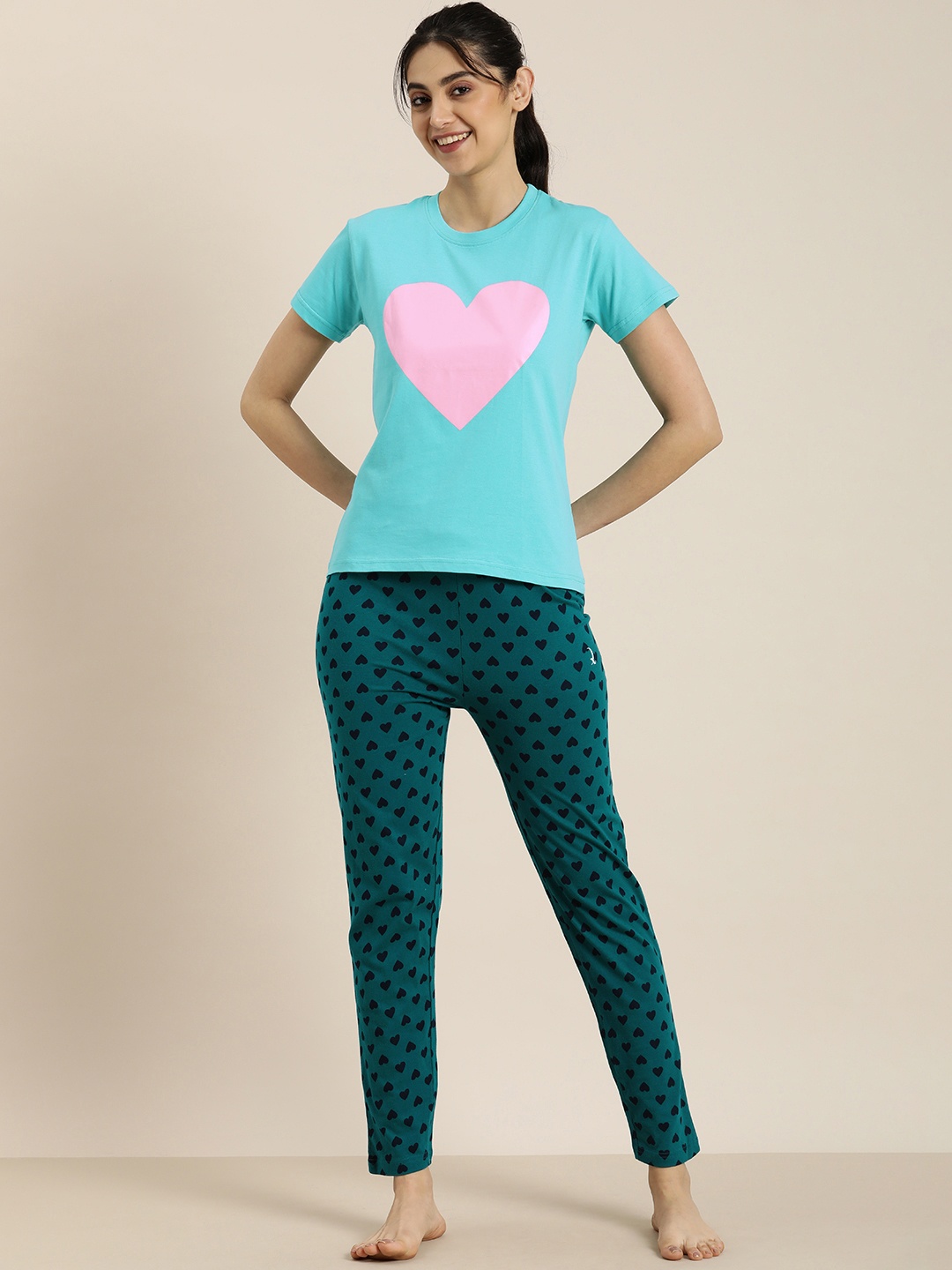 

DILLINGER Women Printed Pure Cotton Night Suit, Turquoise blue