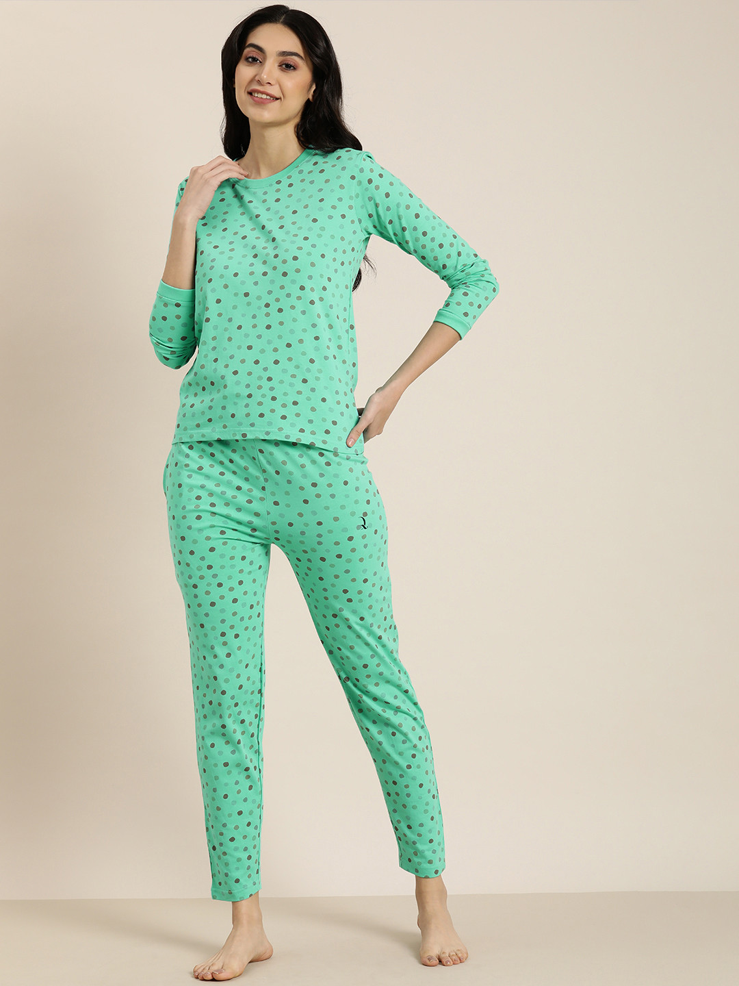 

DILLINGER Women Pure Cotton Geometric Printed Night suit, Turquoise blue