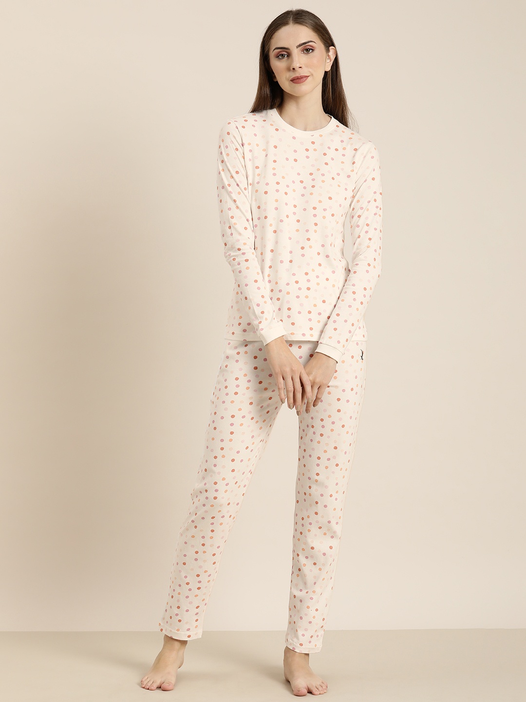 

DILLINGER Women Pure Cotton Geometric Printed Night suit, Off white