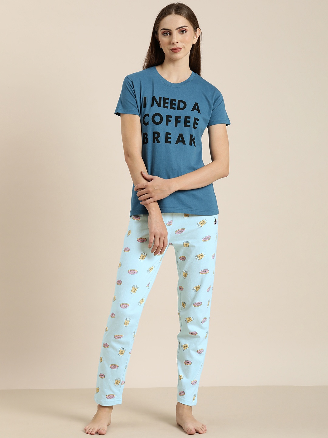 

DILLINGER Women Printed Pure Cotton Night Suit, Blue