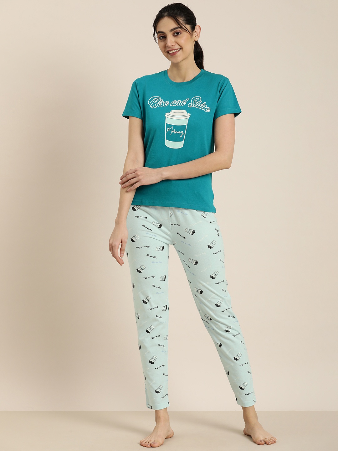 

DILLINGER Women Pure Cotton Graphic Printed Night suit, Blue
