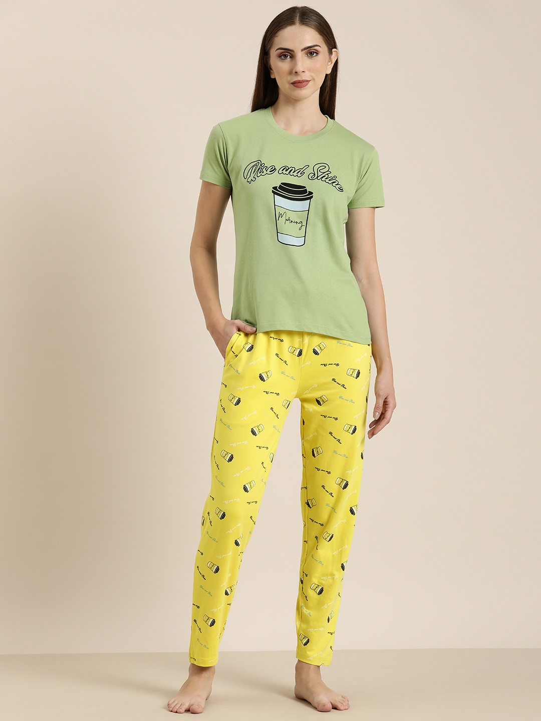 

DILLINGER Women Pure Cotton Graphic Printed Night suit, Green