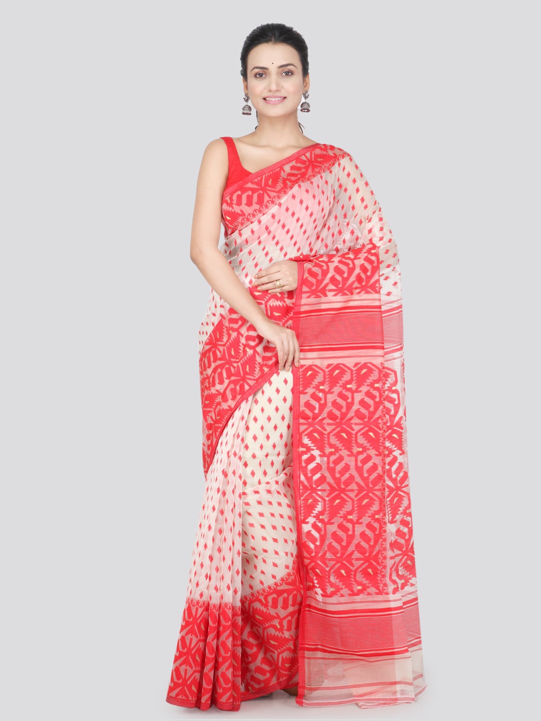 

PinkLoom Woven Design Pure Cotton Jamdani Saree, Off white